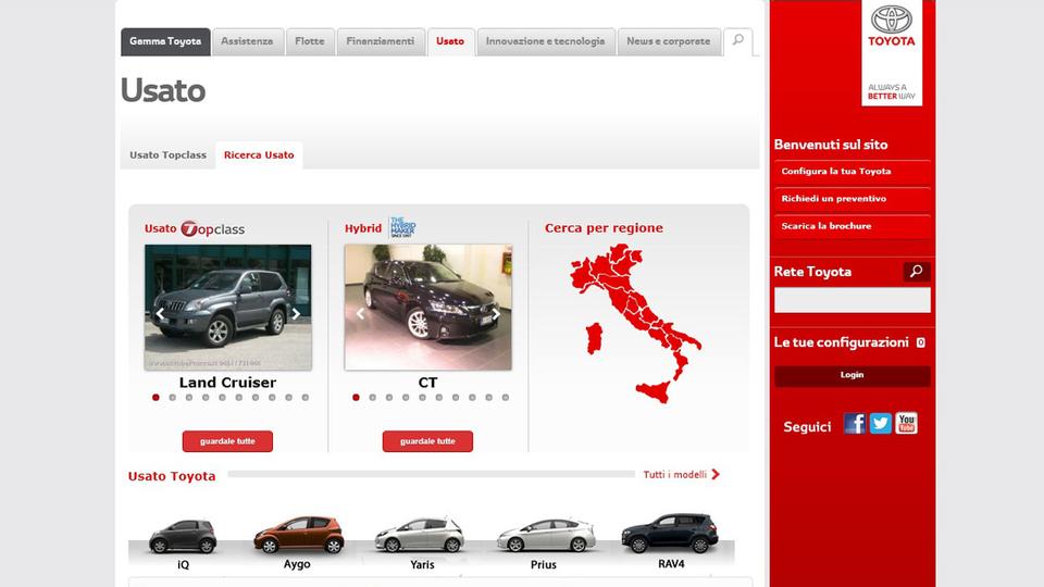 L'interfaccia del motore di ricerca dell'usato del sito Toyota