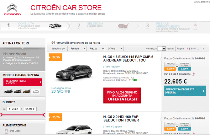 Un'immagine che mostra chiaramente un'offerta flash del sito Citroen