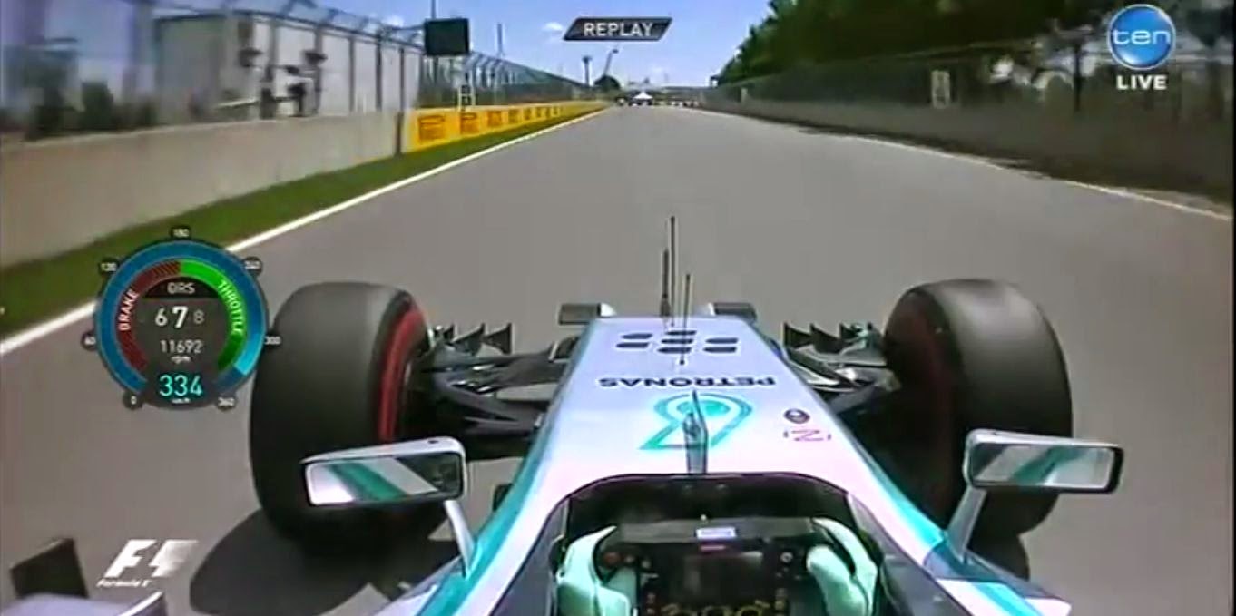Questo screenshot ci mostra come Rosberg , pur essendo al massimo della velocità (334 km/h) abbia il DRS chiuso al segnale dei 150 metri (quasi il punto di staccata)